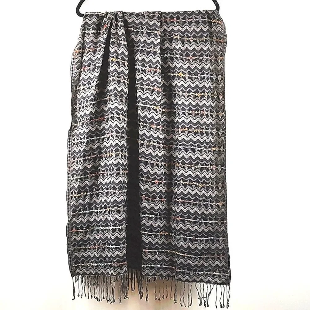 Free People Zig Zag Stripe Boho Fringe Scarf Wrap Festival Coastal Beachy